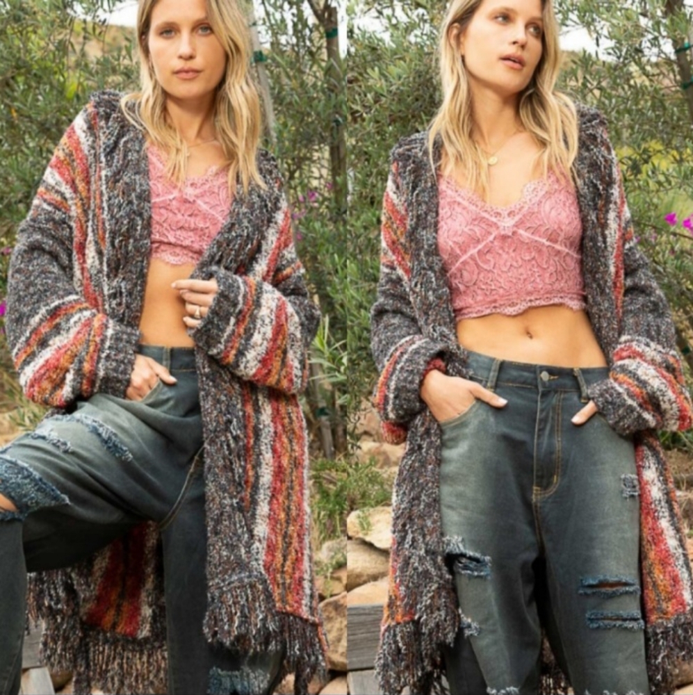 NWT POL Boho Fringe Belted Cardigan Sweater Size L Oversized